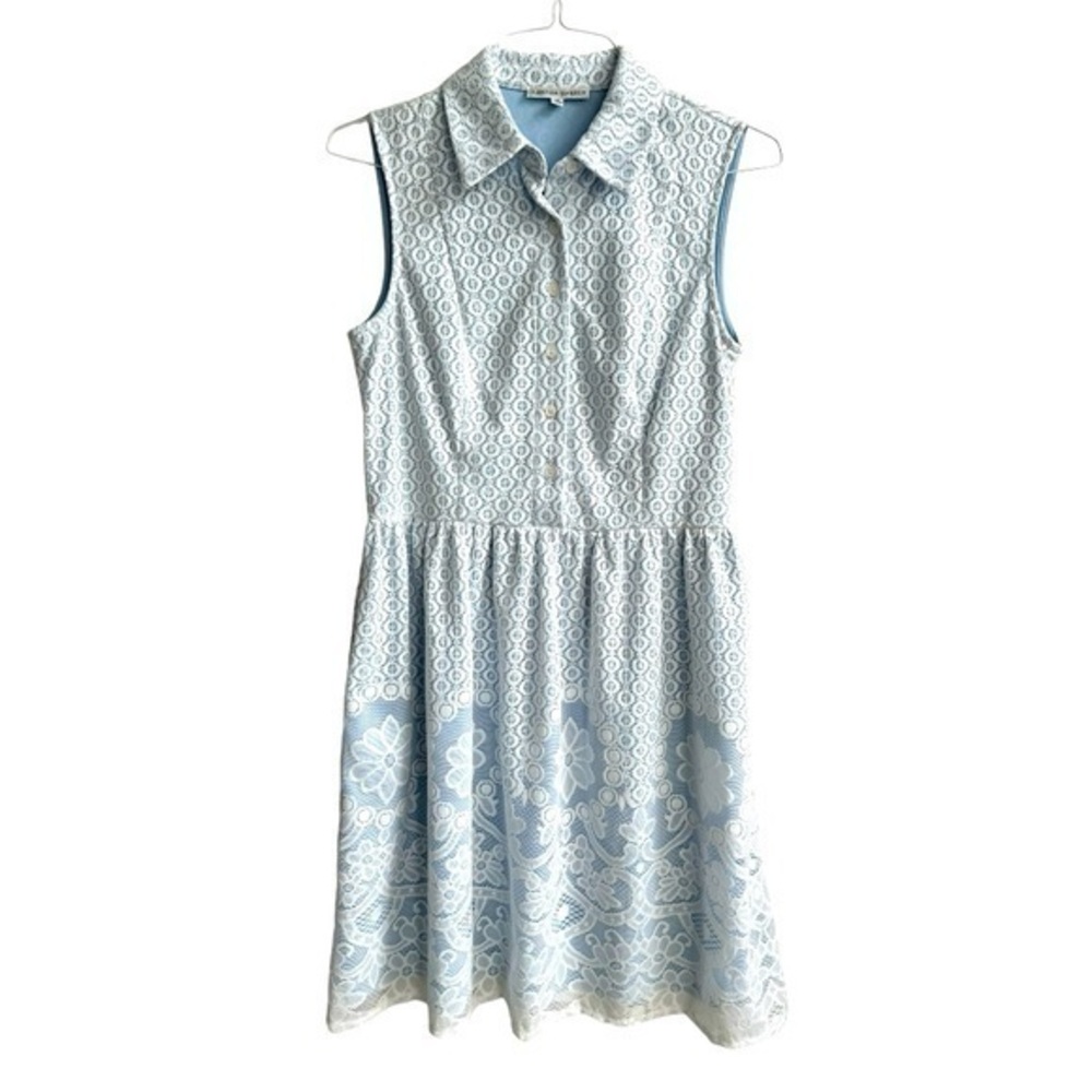 Sandra Darren White Lace Light Blue Sleeveless Collared Dress NWT